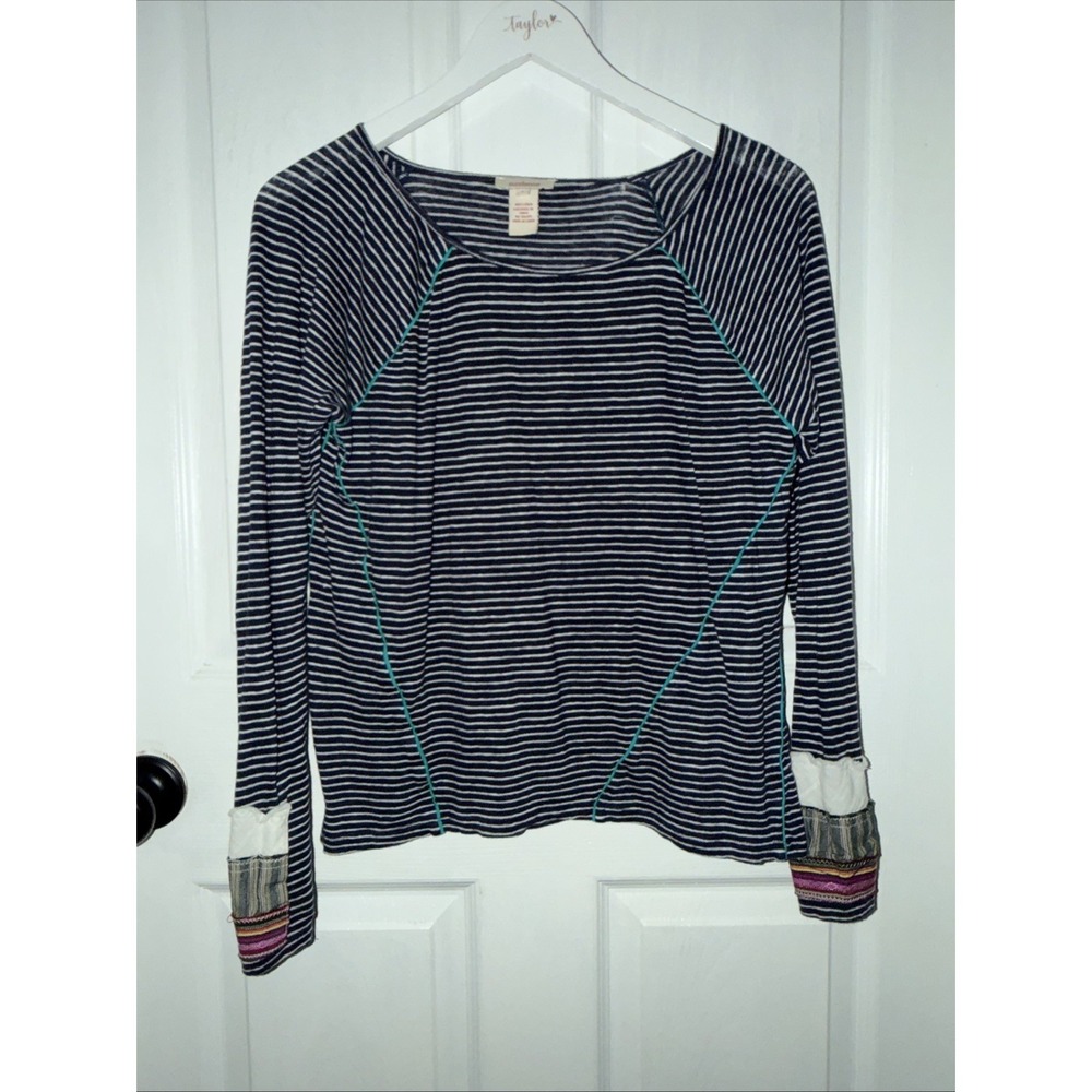 Sundance Catalog Women's‎ 100% Linen Striped Boho Henley Size L Navy Multi